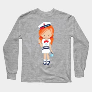 Boat Captain, Skipper, Cute Girl, Orange Hair Long Sleeve T-Shirt